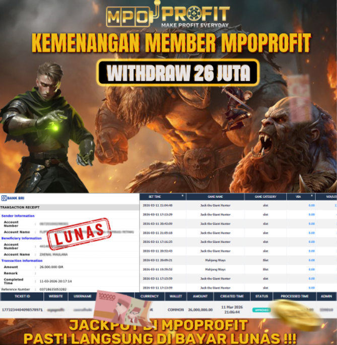MPOPROFIT JACKPOT SLOT PGSOFT! KEMENANGAN MURNI DI ( JACK THE GIANT HUNTER TOTAL RP. 26.000.000,- LUNAS)